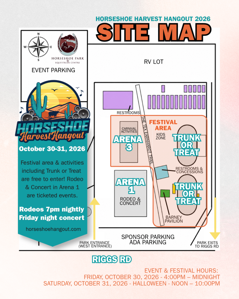 Horseshoe Harvest Hangout 2026 site map for Horseshoe Park & Equestrian Centre in Queen Creek, AZ — showing event parking, RV lot, Arena 1 (Rodeo & Concert), Arena 3 (Carnival Activities), Festival Area, Kids Zone, Trunk or Treat areas, Barney Pavilion, restrooms, concessions, sponsor and ADA parking, and park entrance and exits off Riggs Road. Event hours: Friday October 30 4:00 PM–Midnight, Saturday October 31 Noon–10:00 PM.