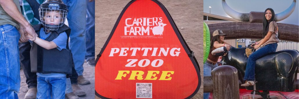 A young child in a protective vest at a rodeo event, a Carter's Farm Petting Zoo sign, and a woman smiling on a mechanical bull at Horseshoe Harvest Hangout.