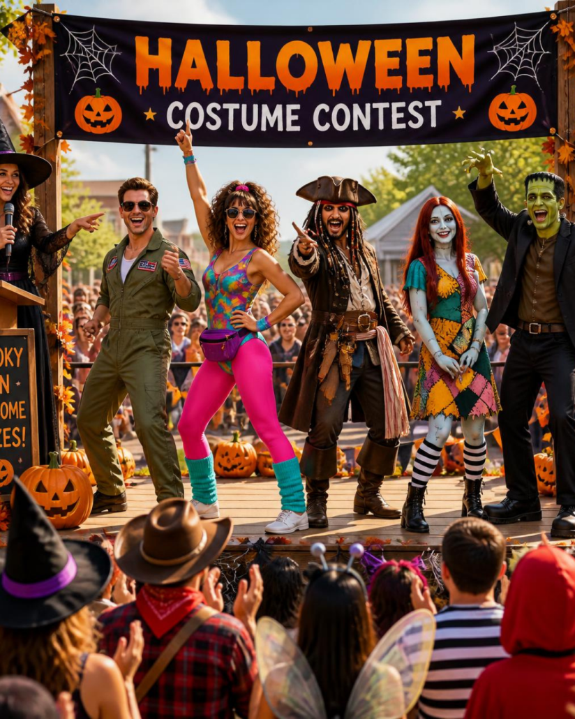 Halloween Costume Contest at Horseshoe Harvest Hangout — costumed contestants on an outdoor stage in front of a cheering crowd, featuring a Halloween Costume Contest banner, pumpkins, and fall festival decorations. October 31, 2026 at Horseshoe Park & Equestrian Centre, Queen Creek, AZ.