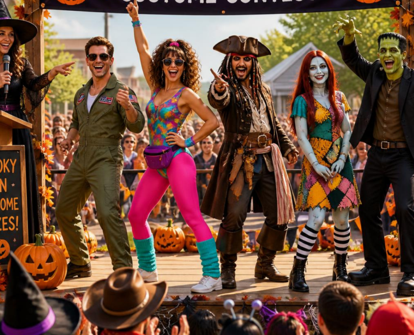 Halloween Costume Contest at Horseshoe Harvest Hangout — costumed contestants on an outdoor stage in front of a cheering crowd, featuring a Halloween Costume Contest banner, pumpkins, and fall festival decorations. October 31, 2026 at Horseshoe Park & Equestrian Centre, Queen Creek, AZ.
