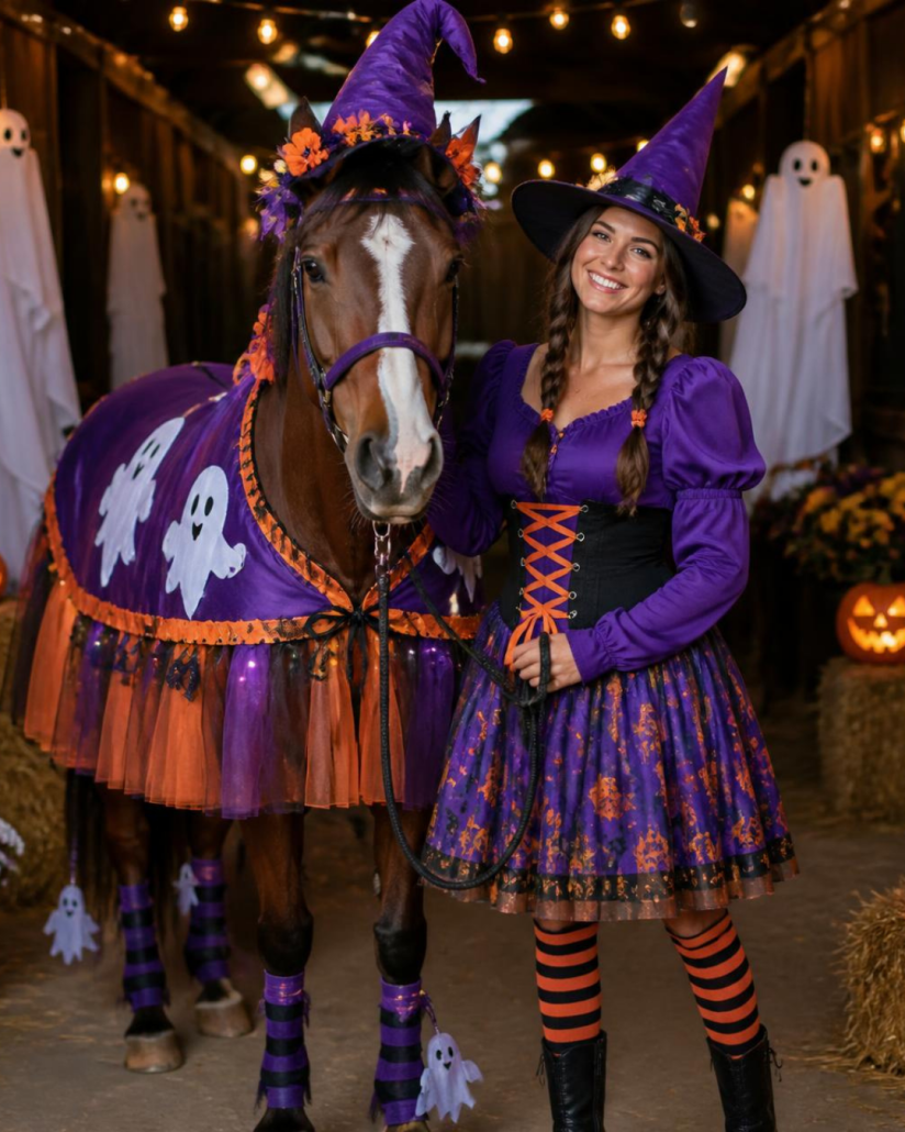 horse-costume-contest Equine Halloween Costume Contest at Horseshoe Harvest Hangout. Photo of a woman and her bay horse dressed up with ghosts, wearing purple, orange and black.
